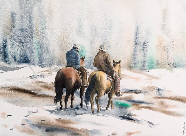 Download A Painting Of Two Cowboys Walking Through The Snow Wallpaper