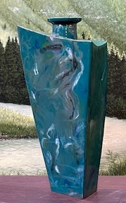 "Blue Green Glaze Flow Triangle Vessel"