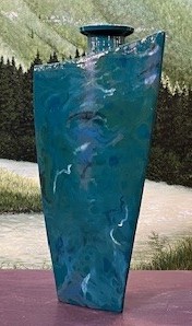 "Blue Green Glaze Flow Triangle Vessel" - Image 2